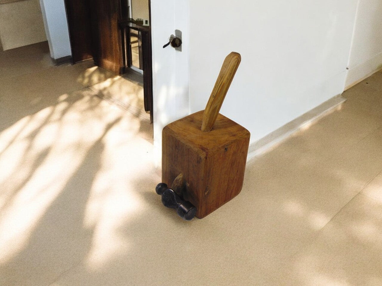 Solid Oak Doorstop with Blacksmith's Hammer