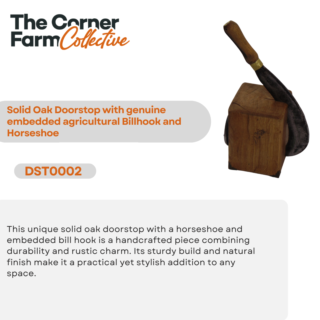 Solid Oak Doorstop with genuine embedded agricultural Billhook and Horseshoe