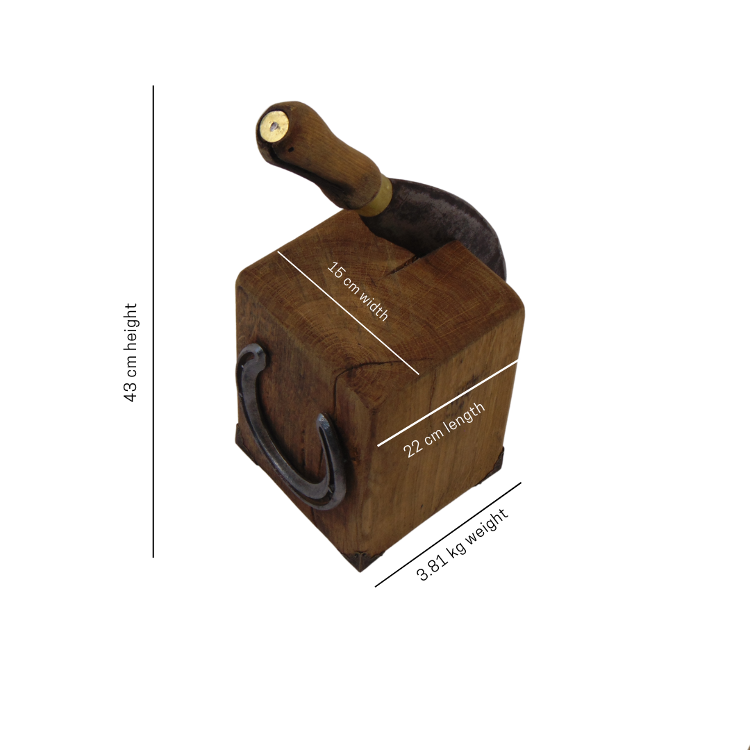 Solid Oak Doorstop with genuine embedded agricultural Billhook and Horseshoe