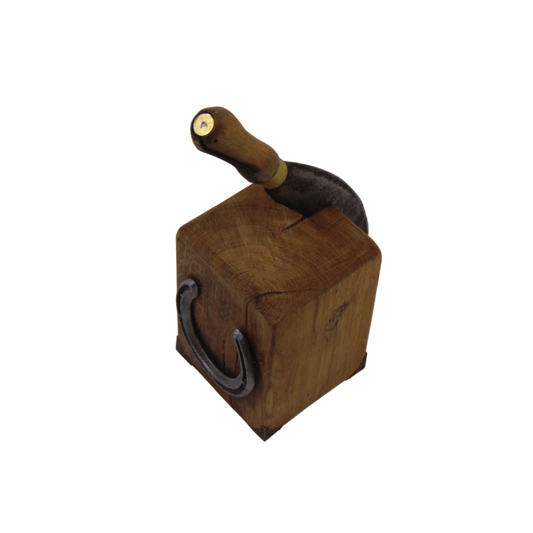Solid Oak Doorstop with genuine embedded agricultural Billhook and Horseshoe