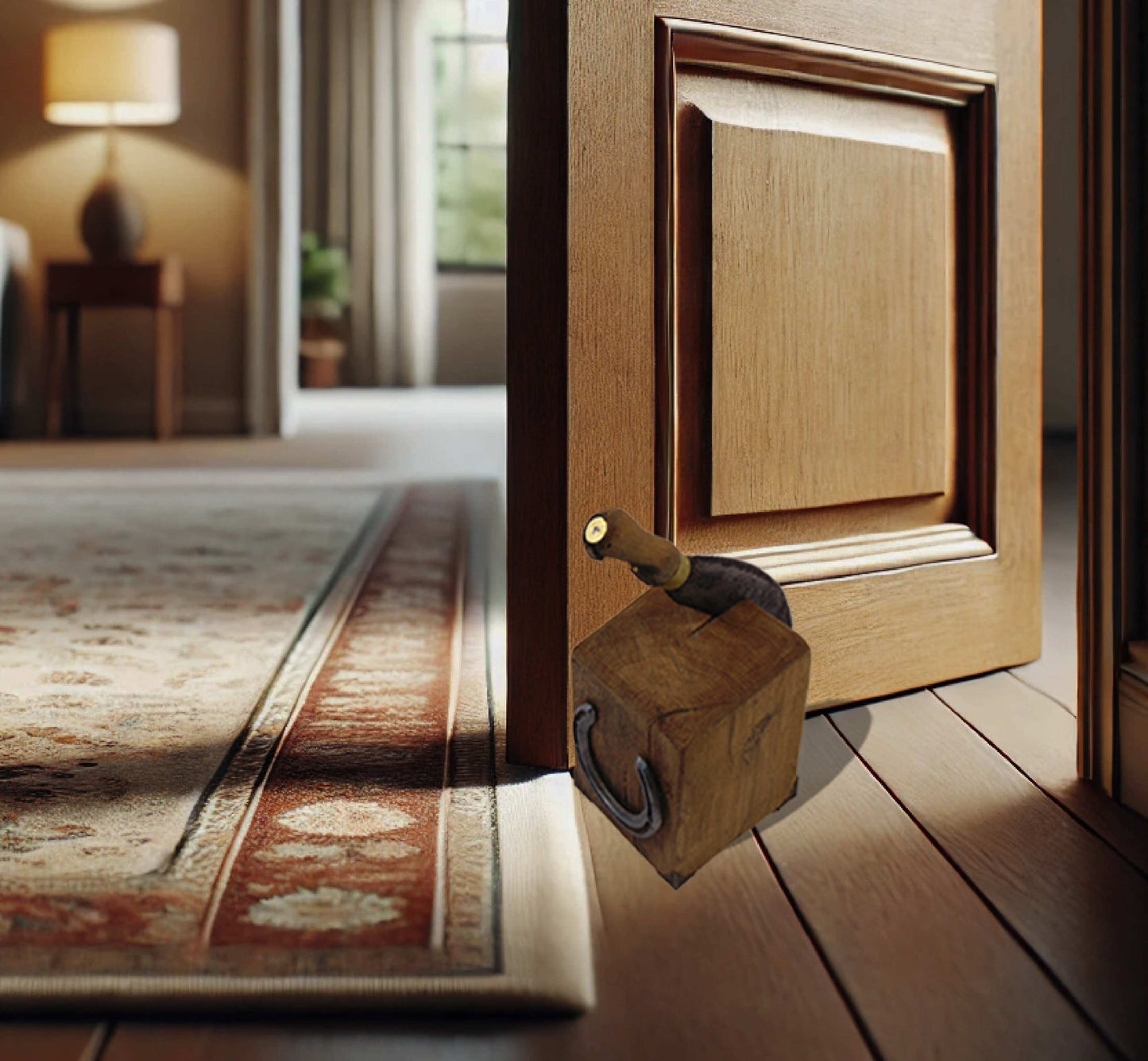 Solid Oak Doorstop with genuine embedded agricultural Billhook and Horseshoe