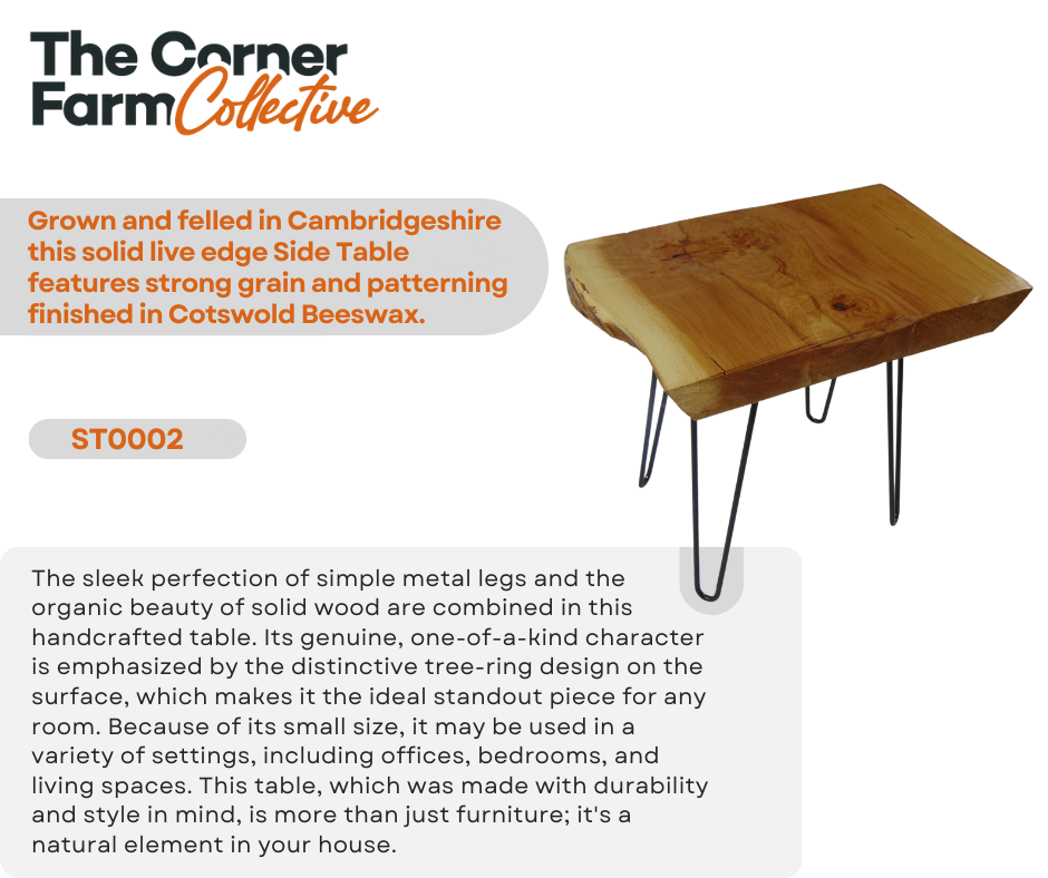 Grown and felled in Cambridgeshire this solid live edge Side Table features strong grain and patterning finished in Cotswold Beeswax.