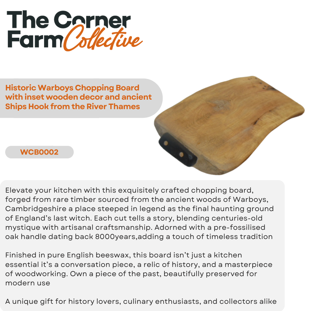Historic Warboys Chopping Board with inset wooden decor and ancient Ships Hook from the River Thames