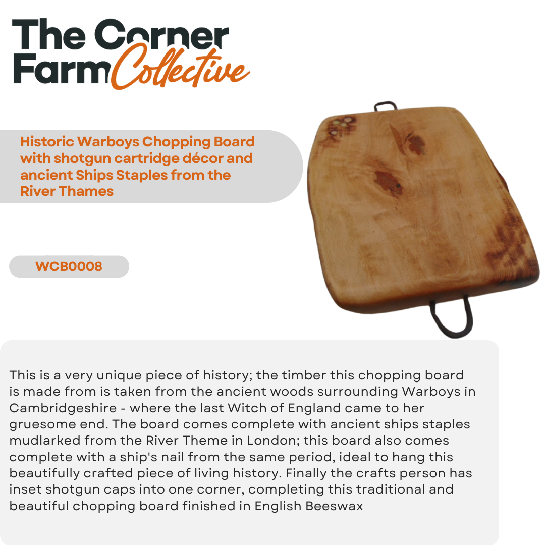Historic Warboys Chopping Board with shotgun cartridge décor and ancient Ships Staples from the River Thames