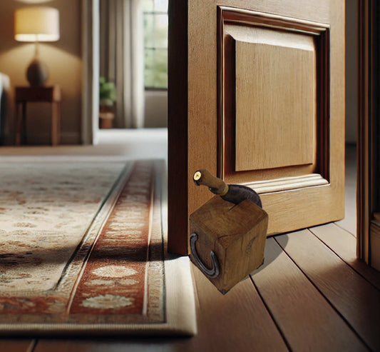 Solid Oak Doorstop with genuine embedded agricultural Billhook and Horseshoe